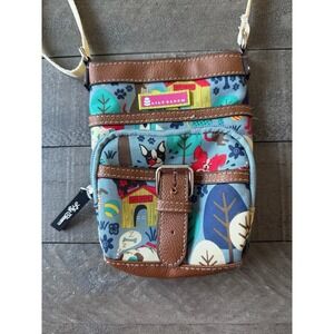 Lily Bloom crossbody bag colorful pattern of dogs and forest scenery